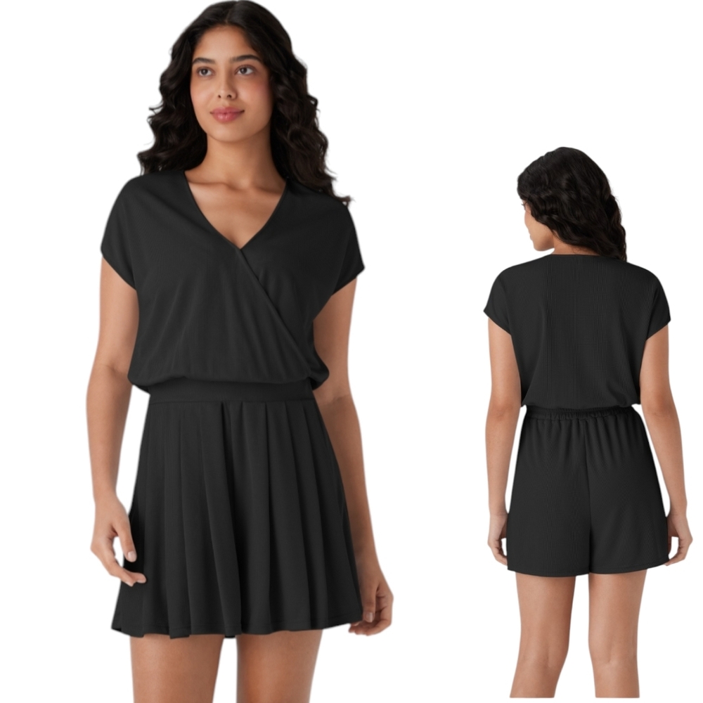 HALARA Black Short Sleeve Faux-Wrap Romper